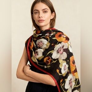 Kenzo Silk Black Scarf with Floral Design and Red Border Measurements: 67”x24”